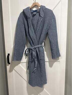 Onsen Blue Waffle Knit Hooded Robe with Belt